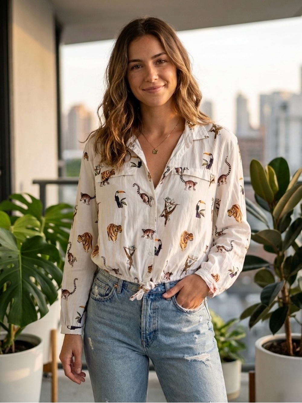 2/$25 ZARA Safari Jungle Animal Print Tie-Hem Button-Down Blouse